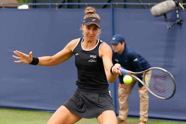21st June 2022, Devonshire Park, Eastbourne, England; Eastbourne International Lawn Tennis Tournament; Beatriz Haddad Maia (BRA) plays a forehand against Kaia Kanepi (EST)  ActionPlus12401846 HongboxChen