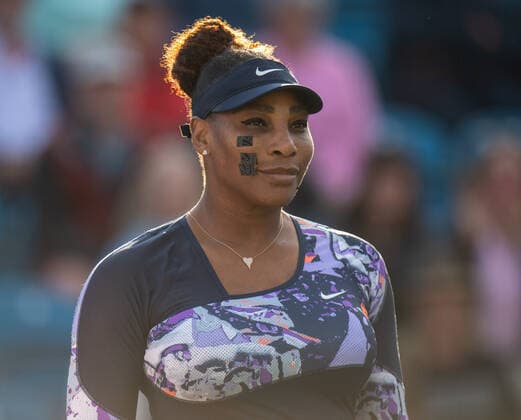 EASTBOURNE, ENGLAND - JUNE 21: Serena Williams of United States looks on during their Women s Doubles Round of 16 match together with with Ons Jabeur of Tunisia against Marie Bouzkova and Sara Sorribes Tormeo during Day Four of Rothesay International Eastbourne match on Day 4 of the Devonshire Park on June 21, 2022 in Eastbourne, E Rothesay International Eastbourne - Day Four Copyright: xSebastianxFrej MBxMediax