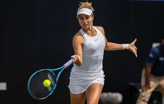 23rd June 2022, Devonshire Park, Eastbourne, England; Eastbourne International Lawn Tennis Tournament; Viktoriya Tomova (BUL) plays a forehand against Camila Giorgi (ITA)  ActionPlus12402061 HongboxChen