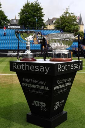 25th June 2022, Devonshire Park, Eastbourne, England; Eastbourne International Lawn Tennis Tournament finals; Mens and Womens singles trophies on display on centre court before the finals matches  ActionPlus12402268 HongboxChen