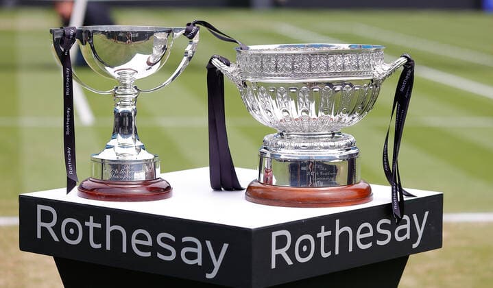 25th June 2022, Devonshire Park, Eastbourne, England; Eastbourne International Lawn Tennis Tournament finals; Mens and Womens singles trophies on display on centre court before the finals matches  ActionPlus12402273 HongboxChen