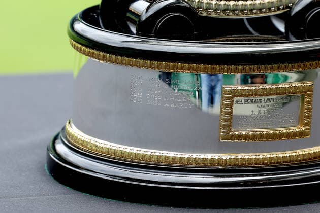 25th June 2022, All England Lawn Tennis and Croquet Club, London, England; Wimbledon Tennis tournament; Past winners are engraved on the base of the womens singles trophy  ActionPlus12402290 ShaunxBrooks