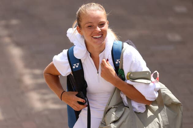 25th June 2022, All England Lawn Tennis and Croquet Club, London, England; Wimbledon Tennis tournament; Katie Swan laughs after her practice session  ActionPlus12402321 ShaunxBrooks