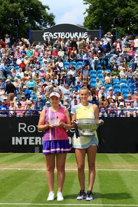 25th June 2022, Devonshire Park, Eastbourne, England; Eastbourne International Lawn Tennis Tournament finals; Petra Kvitova (CZE) (R) with the winner& x2019;s trophy and Ostapenko (LAT) (L) with the runners up trophy  ActionPlus12402336 HongboxChen