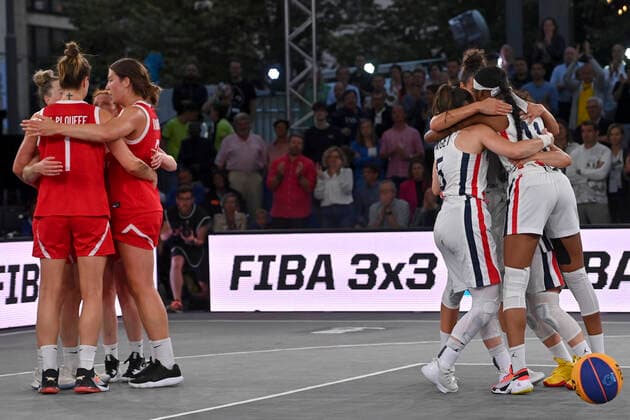 French Myriam Djekoundade, French Hortense Limouzin, French Laetitia Guapo and French Hortense Limouzin celebrate after winning a 3x3 basketball game between France and Canada, in the Women s final at the FIBA 2022 world cup, Sunday 26 June 2022, in Antwerp. The FIBA 3x3 Basket World Cup 2022 takes place from 21 to 26 June in Antwerp. DIRKxWAEM  x36668028x