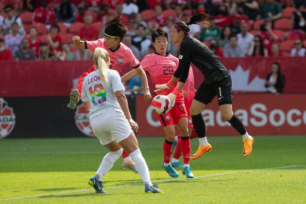 Fußball, Frauen Länderspiel, Kanada - Südkorea June 26, 2022, TORONTO, ON, CAN: Republic of Korea goalkeeper Youngguel Yoon, right, gathers the ball in front of Canada s Adriana Leon during second half international women s friendly soccer action, in Toronto, Sunday, June 26, 2022. Youngguel Yoon; Adriana Leon - ZUMAc35_ 20220626_zaf_c35_125 Copyright: xChrisxYoungx