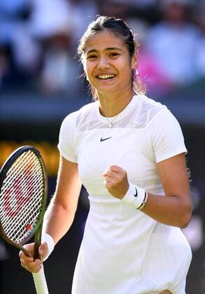 Mandatory Credit: Photo by James Veysey Shutterstock (13002284dh) Emma Raducanu celebrates victory in her first round match Wimbledon Tennis Championships, Day 2, The All England Lawn Tennis and Croquet Club, London, UK - 27 Jun 2022 Wimbledon Tennis Championships, Day 2, The All England Lawn Tennis and Croquet Club, London, UK - 27 Jun 2022  Copyright: xJamesxVeysey Shutterstockx 13002284dh