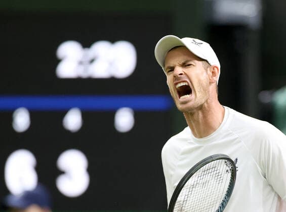 (220628) -- LONDON, June 28, 2022 -- Andy Murray celebrates scoring during the men s singles first round match between Andy Murray of Britain and James Duckworth of Australia at Wimbledon Tennis Championship in London, Britain, on June 27, 2022. ) (SP)BRITAIN-LONDON-TENNIS-WIMBLEDON-DAY 1 LixYing 