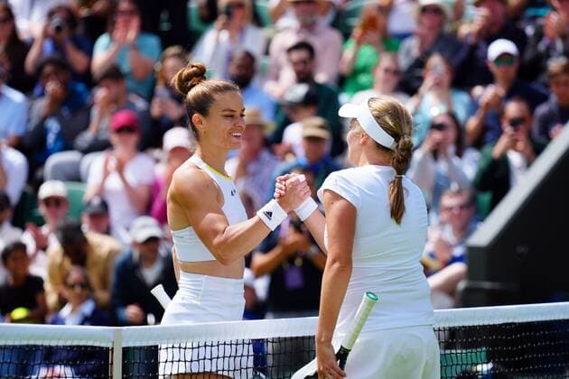 Mandatory Credit: Photo by Javier Garcia Shutterstock (13002021y) Maria Sakkari celebrates victory in her first round match against Zoe Hives Wimbledon Tennis Championships, Day 2, The All England Lawn Tennis and Croquet Club, London, UK - 28 Jun 2022 Wimbledon Tennis Championships, Day 2, The All England Lawn Tennis and Croquet Club, London, UK - 28 Jun 2022  Copyright: xJavierxGarcia Shutterstockx 13002021y
