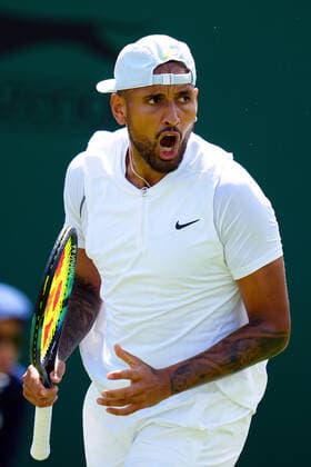 Mandatory Credit: Photo by Javier Garcia Shutterstock (13002021bu) Nick Kyrgios celebrates during his first round match Wimbledon Tennis Championships, Day 2, The All England Lawn Tennis and Croquet Club, London, UK - 28 Jun 2022 Wimbledon Tennis Championships, Day 2, The All England Lawn Tennis and Croquet Club, London, UK - 28 Jun 2022  Copyright: xJavierxGarcia Shutterstockx 13002021bu
