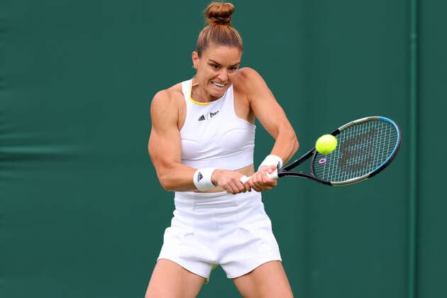 28th June 2022, All England Lawn Tennis and Croquet Club, London, England; Wimbledon Tennis tournament; Maria Sakkari plays a backhand to Zoe Hives in the ladies singles  ActionPlus12402705 ShaunxBrooks