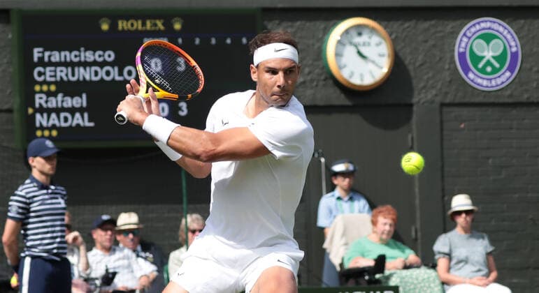 Spain s Rafael Nadal in action in his first round match against Argentinian Francisco Cerundolo on day two of the 2022 Wimbledon championships in London on June 28, 2022.  LON2022062848 HUGOxPHILPOTT