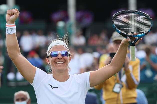Belgian Kirsten Flipkens celebrates after winning at a first round game in the women s singles tournament between Belgian Flipkens (WTA190) and Australian Fourlis (WTA150) at the 2022 Wimbledon grand slam tennis tournament at the All England Tennis Club, in south-west London, Britain, Tuesday 28 June 2022. BENOITxDOPPAGNE  x36719384x