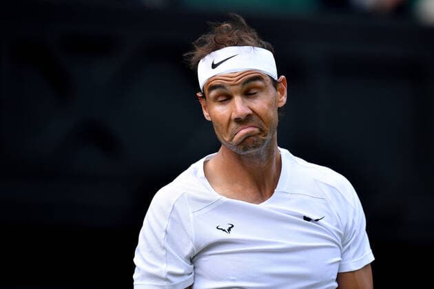 Mandatory Credit: Photo by James Veysey Shutterstock (13002287dw) Rafael Nadal dejected during his first round match Wimbledon Tennis Championships, Day 2, The All England Lawn Tennis and Croquet Club, London, UK - 28 Jun 2022 Wimbledon Tennis Championships, Day 2, The All England Lawn Tennis and Croquet Club, London, UK - 28 Jun 2022  Copyright: xJamesxVeysey Shutterstockx 13002287dw