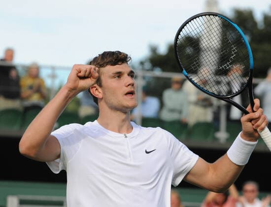 Tennis - 2022 Wimbledon Championships - Week One - Day Two (Tuesday) - All England Lawn Tennis Club, Wimbledon - Tuesday 28th June 2022 Jack Draper v Zizou Bergs Jack Draper of Great Britain celebrates winning the match 