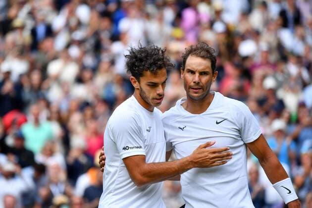 Mandatory Credit: Photo by James Veysey Shutterstock (13002287fv) Rafael Nadal and Francisco Cerundolo after their first round match Wimbledon Tennis Championships, Day 2, The All England Lawn Tennis and Croquet Club, London, UK - 28 Jun 2022 Wimbledon Tennis Championships, Day 2, The All England Lawn Tennis and Croquet Club, London, UK - 28 Jun 2022  Copyright: xJamesxVeysey Shutterstockx 13002287fv
