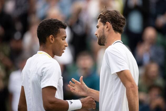 Mandatory Credit: Photo by Ella Ling Shutterstock (13002020ef) Maxime Cressy after winning his first round match against Felix Auger-Aliassime Wimbledon Tennis Championships, Day 2, The All England Lawn Tennis and Croquet Club, London, UK - 28 Jun 2022 Wimbledon Tennis Championships, Day 2, The All England Lawn Tennis and Croquet Club, London, UK - 28 Jun 2022  Copyright: xEllaxLing Shutterstockx 13002020ef