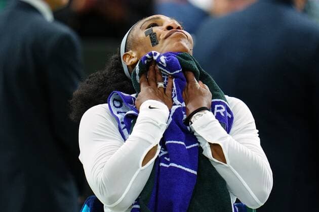 Mandatory Credit: Photo by James Veysey Shutterstock (13002287hk) Serena Williams between games during her first round match Wimbledon Tennis Championships, Day 2, The All England Lawn Tennis and Croquet Club, London, UK - 28 Jun 2022 Wimbledon Tennis Championships, Day 2, The All England Lawn Tennis and Croquet Club, London, UK - 28 Jun 2022  Copyright: xJamesxVeysey Shutterstockx 13002287hk