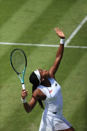 Tennis - Wimbledon (Day 2) 28th June 2022 - Tennis - Wimbledon (Day 2) - Coco Gauff (USA) serves during her Ladies Singles 1st Round match against Elena-Gabriela Ruse (ROM) - Photo: Simon Stacpoole Offside. London UK Copyright: xSimonxStacpoolexOffside