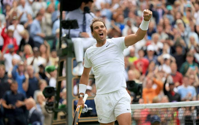 (220629) -- LONDON, June 29, 2022 -- Rafael Nadal celebrates after winning the men s singles first round match between Rafael Nadal of Spain and Francisco Cerundolo of Argentina at Wimbledon Tennis Championship in London, Britain, on June 28, 2022. ) (SP)BRITAIN-LONDON-TENNIS-WIMBLEDON-DAY 2 LixYing 