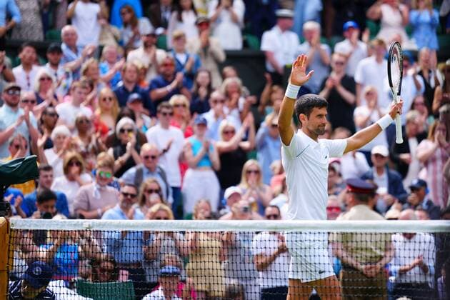 Mandatory Credit: Photo by Javier Garcia Shutterstock (13008249bp) Novak Djokovic celebrates victory in his second round match Wimbledon Tennis Championships, Day 3, The All England Lawn Tennis and Croquet Club, London, UK - 29 Jun 2022 Wimbledon Tennis Championships, Day 3, The All England Lawn Tennis and Croquet Club, London, UK - 29 Jun 2022  Copyright: xJavierxGarcia Shutterstockx 13008249bp