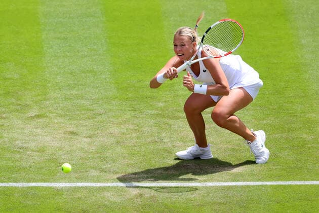 29th June 2022, All England Lawn Tennis and Croquet Club, London, England; Wimbledon Tennis tournament; Anett Kontaveit plays a backhand to Jule Niemeier in the ladies singles  ActionPlus12402865 ShaunxBrooks