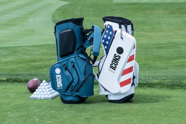 NY: Icons Series Inaugural Event & press conference, PK, Pressekonferenz Specially made for Icons Series Inaugural Event golf bags on display at Liberty National Golf Club Jersey City New Jersey United States Copyright: LevxRadin