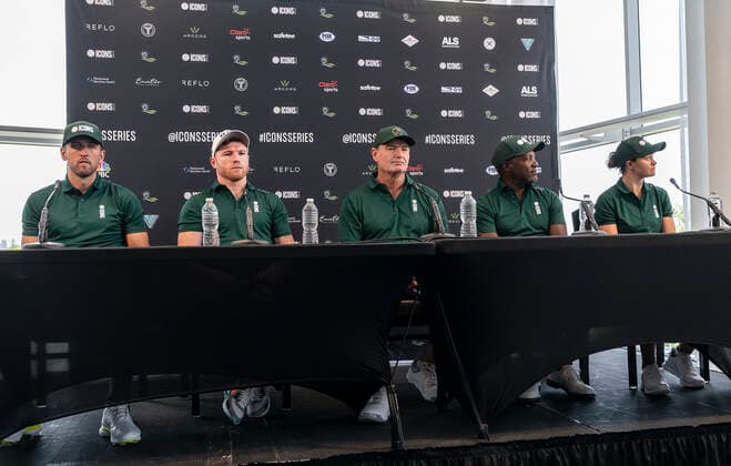 NY: Icons Series Inaugural Event & press conference, PK, Pressekonferenz Harry Kane, Canelo Alvarez, Ernie Els, Brian Lara and Ash Barty attend Icons Series Inaugural Event & Press Conference at Liberty National Golf Club Jersey City New Jersey United States Copyright: LevxRadin