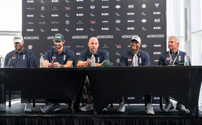 NY: Icons Series Inaugural Event & press conference, PK, Pressekonferenz Ben Roethlisberger, Michael Phelps, John Smoltz, Michael Strahan and Fred Couples attend Icons Series Inaugural Event & Press Conference at Liberty National Golf Club Jersey City New Jersey United States Copyright: LevxRadin