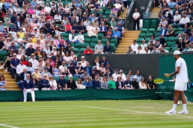 Mandatory Credit: Photo by Javier Garcia Shutterstock (13010731bn) Nick Kyrgios glares at a spectator after they coughed during his second round match Wimbledon Tennis Championships, Day 4, The All England Lawn Tennis and Croquet Club, London, UK - 30 Jun 2022 Wimbledon Tennis Championships, Day 4, The All England Lawn Tennis and Croquet Club, London, UK - 30 Jun 2022  Copyright: xJavierxGarcia Shutterstockx 13010731bn