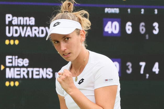 Belgian Elise Mertens reacts during a second round game in the women s singles tournament between Belgian Mertens (WTA30) and Hungarian Udvardy (WTA100) at the 2022 Wimbledon grand slam tennis tournament at the All England Tennis Club, in south-west London, Britain, Thursday 30 June 2022. BENOITxDOPPAGNE  x36874148x
