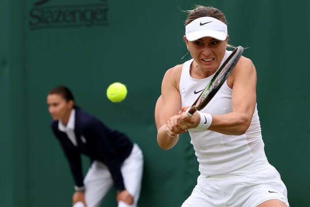 30th June 2022, All England Lawn Tennis and Croquet Club, London, England; Wimbledon Tennis tournament; Paula Badosa plays a backhand to Irina Bara in the ladies singles  ActionPlus12403011 ShaunxBrooks