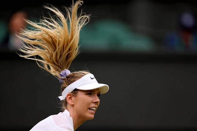 30th June 2022, All England Lawn Tennis and Croquet Club, London, England; Wimbledon Tennis tournament; Katie Boulter hair flies as she serves to Karolina Pliskova in the ladies singles  ActionPlus12403090 ShaunxBrooks