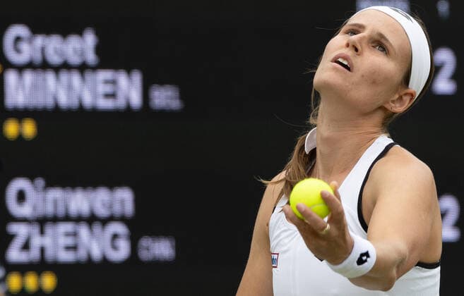 Belgian Greet Minnen pictured in action during a second round game in the women s singles tournament between Belgian Minnen (WTA88) and Chinese Zheng (WTA52) at the 2022 Wimbledon grand slam tennis tournament at the All England Tennis Club, in south-west London, Britain, Thursday 30 June 2022. BENOITxDOPPAGNE  x36880232x