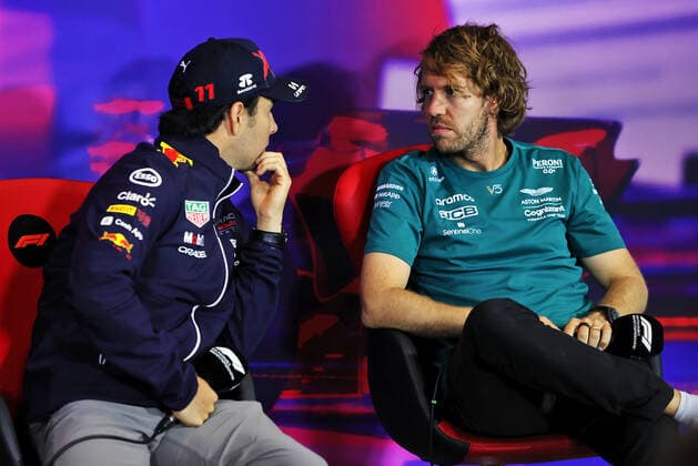 11 Sergio Perez (MEX, Oracle Red Bull Racing), 5 Sebastian Vettel (DEU, Aston Martin Aramco Cognizant F1 Team), F1 Grand Prix of Great Britain at Silverstone Circuit on June 30, 2022 in Silverstone, United Kingdom. (Photo by DPPI via HOCH ZWEI) Silverstone United Kingdom