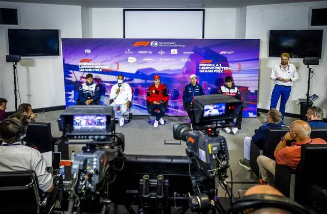 NORTHAMPTON - (VLNR) Pierre Gasly (AlphaTauri), Lewis Hamilton (Mercedes), Charles Leclerc (Ferrari), Nicholas Latifi (Williams) and Guanyu Zhou (Alfa Romeo) during a press conference, PK, Pressekonferenz at the Silverstone circuit ahead of the Grand Prix of Britain. REMKO DE WAAL Event Name: F1 Grand Prix of Great Britain - Previews 2022 xVIxANPxSportx xxANPxRemkoxdexWaalxIVx
