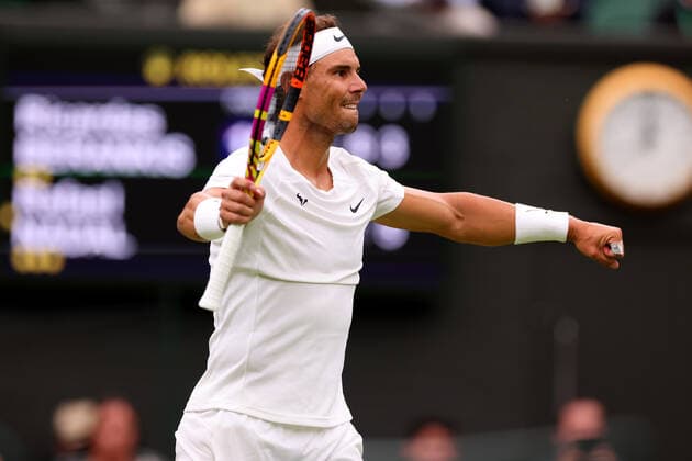 30th June 2022, All England Lawn Tennis and Croquet Club, London, England; Wimbledon Tennis tournament; Rafael Nadal celebrates after he wins the match 3 sets to 1 against Ricardas Berankis in the mens singles  ActionPlus12403260 ShaunxBrooks