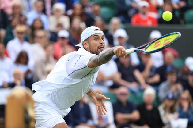 Tennis - Wimbledon (Day 4) 30th June 2022 - Tennis - Wimbledon (Day 4) - Nick Kyrgios (AUS) stretches for the ball during his Gentlemen s Singles 2nd Round match against Filip Krajinovic (SRB) - Photo: Simon Stacpoole Offside. London UK Copyright: xSimonxStacpoolexOffside
