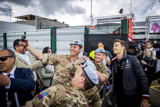 SILVERSTONE - George Russell (Mercedes) prior to practice 1 leading up to the F1 Grand Prix of Great Britain at Silverstone on July 1, 2022 in Silverstone, England. REMKO DE WAAL F1 Grand Prix of Great Britain - Practice 1 2022 xVIxANPxSportx xxANPxIVx