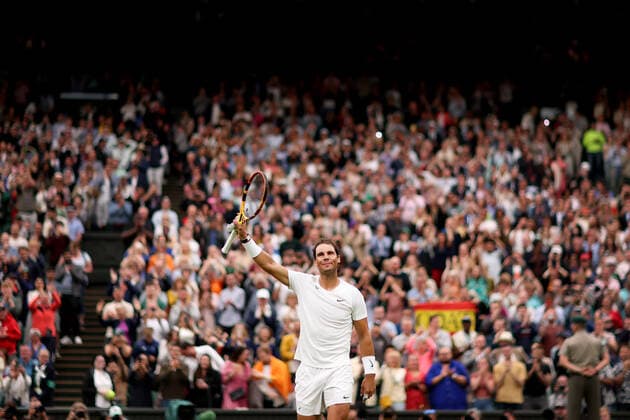 30th June 2022, All England Lawn Tennis and Croquet Club, London, England; Wimbledon Tennis tournament; Rafael Nadal celebrates after he wins his match against Ricardas Berankis in the mens singles  ActionPlus12403341 ShaunxBrooks