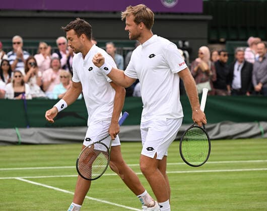 Tennis Championships - Week One - Day Two (Friday) - All England Lawn Tennis Club, Wimbledon - Friday 1st July 2022 Mens Doubles Arthur Fery and Felix Gill (GBR) v Kevin Krawietz and Andreas Mies (Germany) Kevin Krawietz and Andreas Mies of Germany celebrate winning match point 
