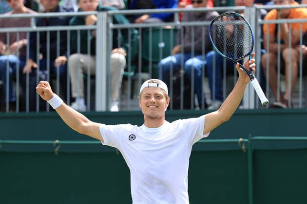 Tennis - Wimbledon (Day 5) 1st July 2022 - Tennis - Wimbledon (Day 5) - Tim Van Rijthoven (NED) celebrates victory over Nikoloz Basilashvili (GEO) in their Gentlemen s Singles 3rd Round match - Photo: Simon Stacpoole Offside. London UK Copyright: xSimonxStacpoolexOffside