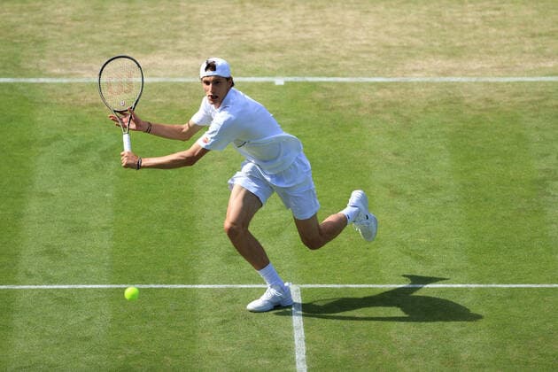 Tennis - Wimbledon (Day 5) 1st July 2022 - Tennis - Wimbledon (Day 5) - Ugo Humbert (FRA) in action against David Goffin (BEL) during their Gentlemen s Singles 3rd Round match - Photo: Simon Stacpoole Offside. London UK Copyright: xSimonxStacpoolexOffside