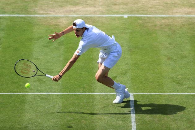 Tennis - Wimbledon (Day 5) 1st July 2022 - Tennis - Wimbledon (Day 5) - Ugo Humbert (FRA) in action against David Goffin (BEL) during their Gentlemen s Singles 3rd Round match - Photo: Simon Stacpoole Offside. London UK Copyright: xSimonxStacpoolexOffside