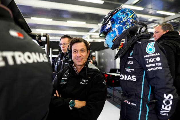 Toto Wolff (AUT, Mercedes-AMG Petronas F1 Team), 63 George Russell (GBR, Mercedes-AMG Petronas F1 Team), F1 Grand Prix of Great Britain at Silverstone Circuit on July 1, 2022 in Silverstone, United Kingdom. (Photo by HOCH ZWEI) Silverstone United Kingdom