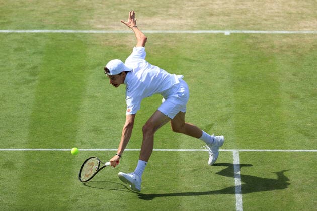Tennis - Wimbledon (Day 5) 1st July 2022 - Tennis - Wimbledon (Day 5) - Ugo Humbert (FRA) in action against David Goffin (BEL) during their Gentlemen s Singles 3rd Round match - Photo: Simon Stacpoole Offside. London UK Copyright: xSimonxStacpoolexOffside