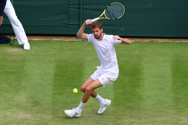 Ist July 2022, All England Lawn Tennis and Croquet Club, London, England; Wimbledon Tennis tournament; Oscar Otte plays a forehand to Carlos Alcaraz in the mens singles  ActionPlus12403752 ShaunxBrooks