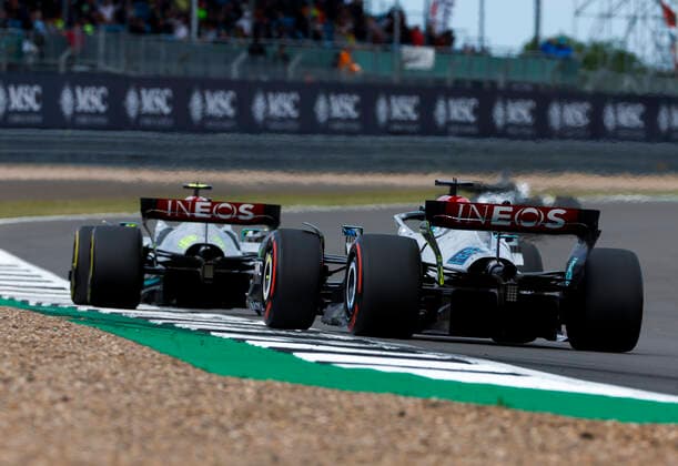 44 Lewis Hamilton (GBR, Mercedes-AMG Petronas F1 Team), 63 George Russell (GBR, Mercedes-AMG Petronas F1 Team), F1 Grand Prix of Great Britain at Silverstone Circuit on July 1, 2022 in Silverstone, United Kingdom. (Photo by HOCH ZWEI) Silverstone United Kingdom