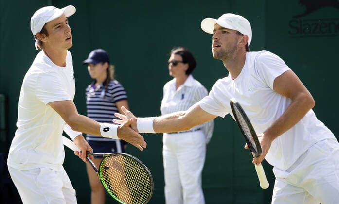 Belgian Joran Vliegen and US Jackson Withrow pictured during a second round game in the men s doubles tournament between Belgian Vliegen - US Withrow and Australian Ebden - Australian Purcell at the 2022 Wimbledon grand slam tennis tournament at the All England Tennis Club, in south-west London, Britain, Saturday 02 July 2022. BENOITxDOPPAGNE  x36951697x
