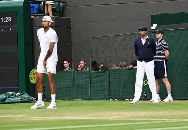 Tennis Championships - Week One - Day Six (Saturday) - All England Lawn Tennis Club, Wimbledon - Saturday 2nd July 2022 Nick Kyrgios v Stefanos Tsitsipas A linesman reports Nick Kyrgios for a remark aimed at him that gave him a warning 